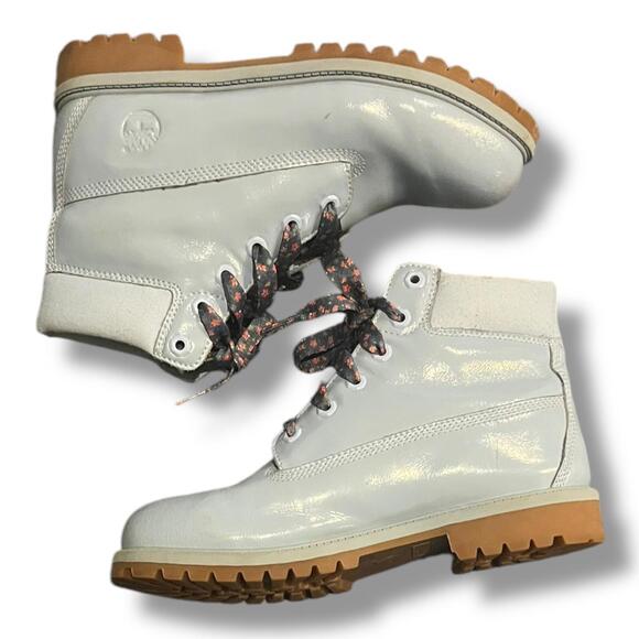 Timberland Junior Girls Sz 7 6” Premium WP Baby Blue Shine 1991A Leather Floral - Picture 3 of 15